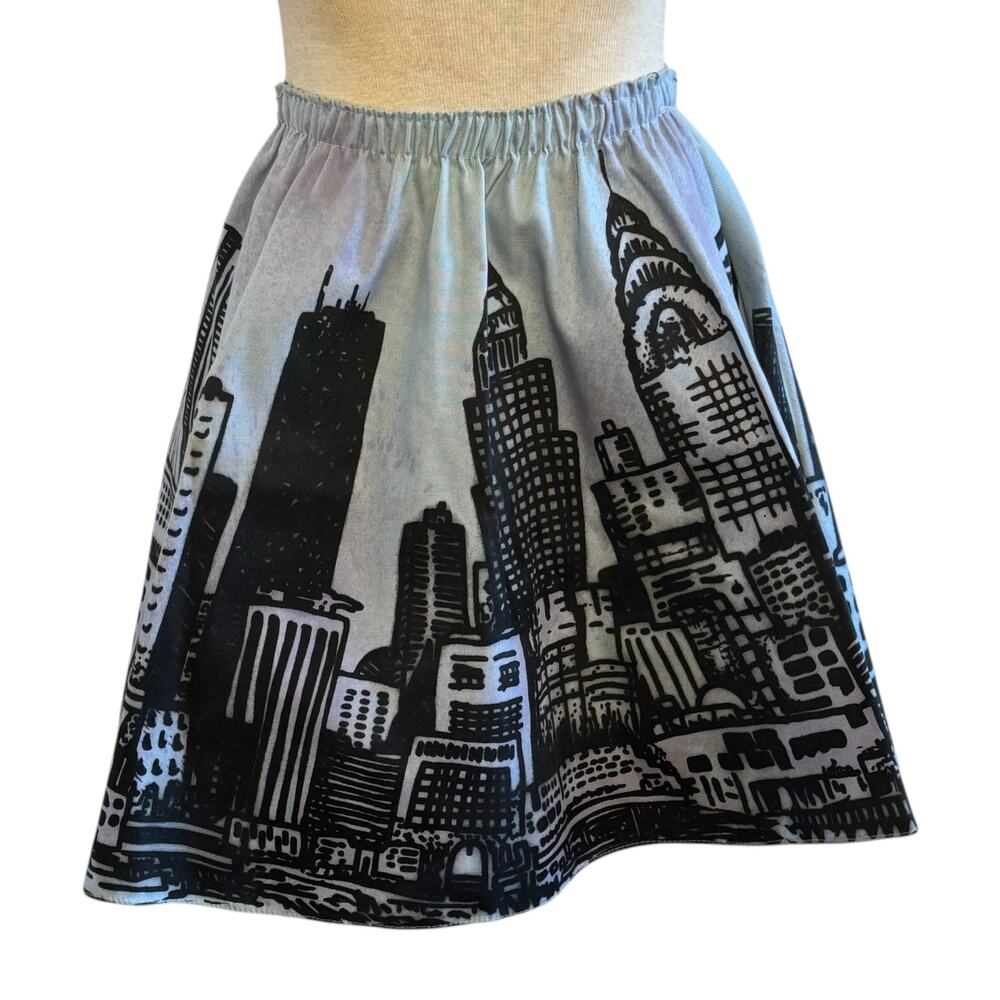 1980's Artist Hand Printed New York City Skyline Hand Made Flared Mini Skirt
